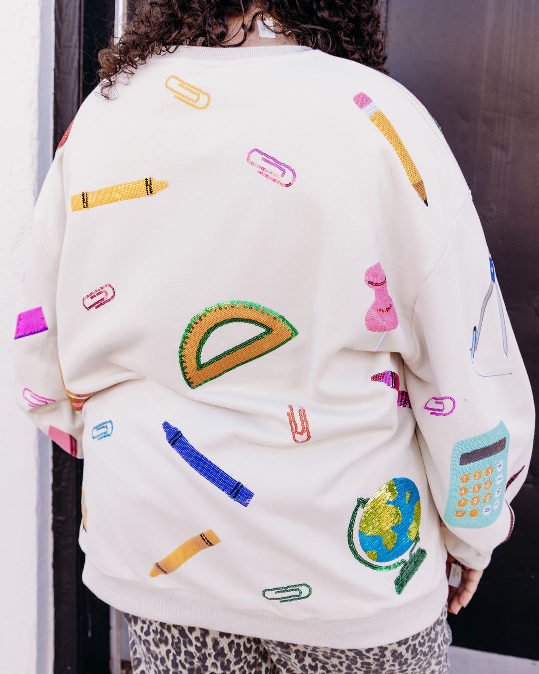 Queen Of Sparkles: Beige Multi 'Teach' Scattered Icon Sweatshirt in Beige (FALL2616)