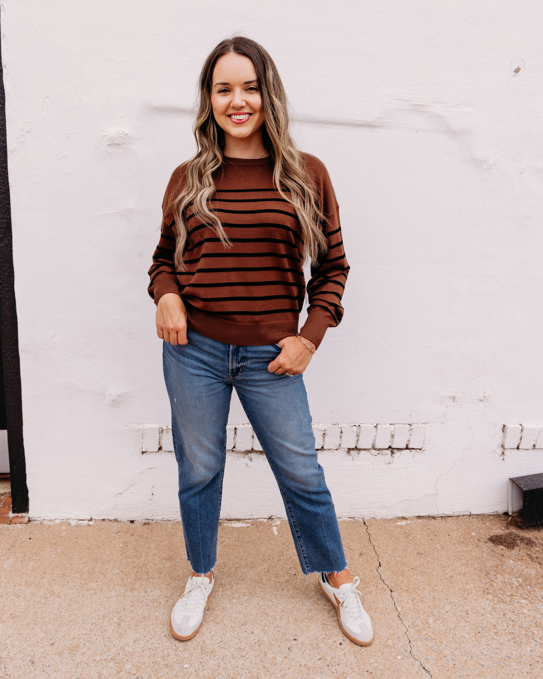 Karen Kane: Stripe Crewneck Sweater in Mocha (3L89348)