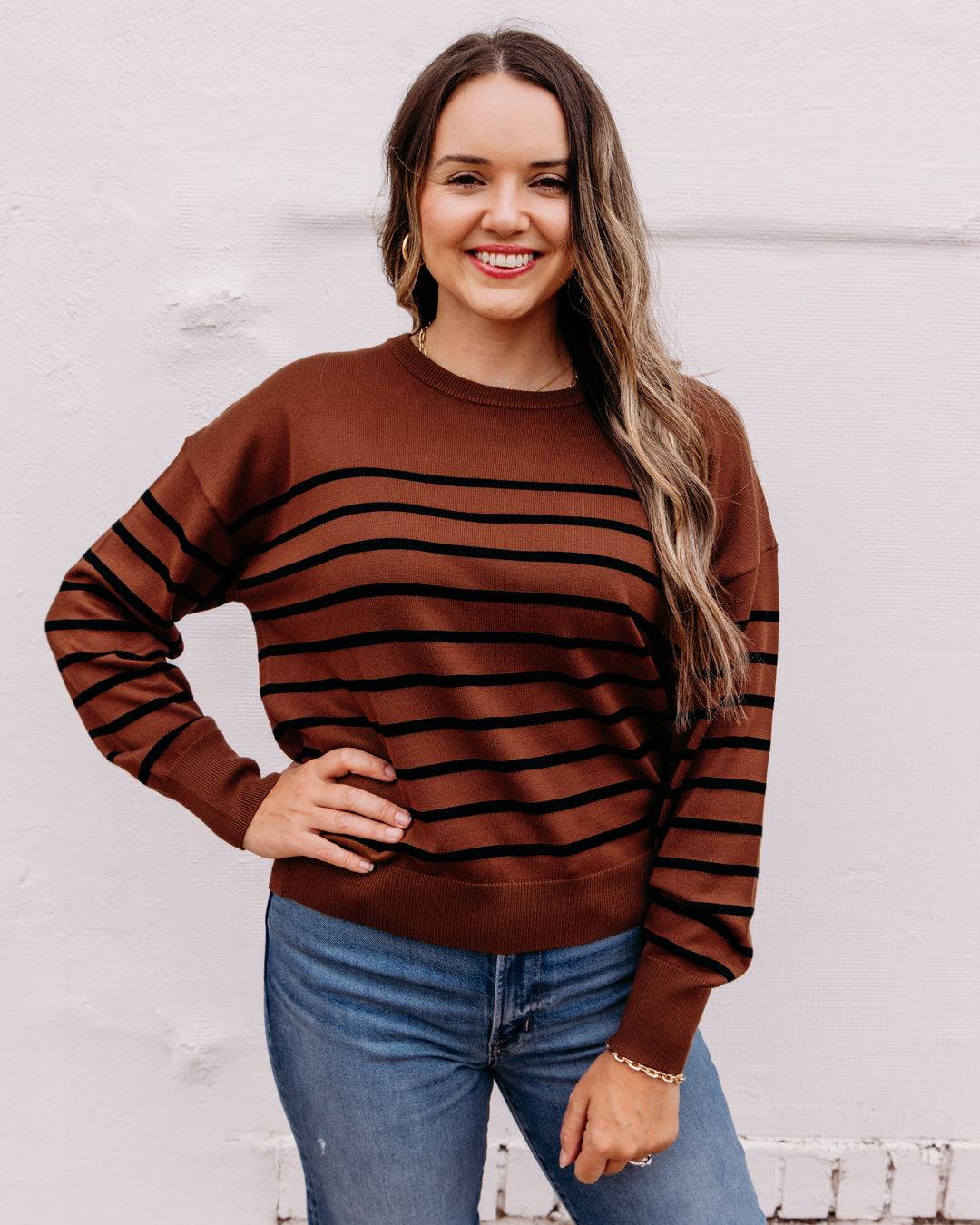 Karen Kane: Stripe Crewneck Sweater in Mocha (3L89348)