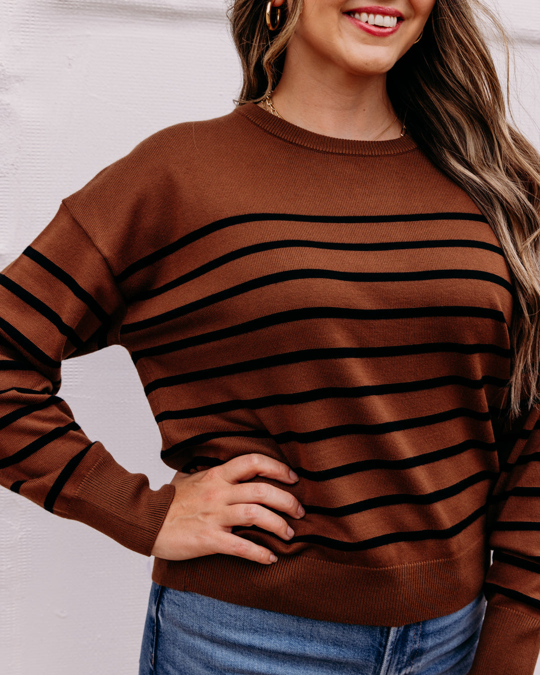 Karen Kane: Stripe Crewneck Sweater in Mocha (3L89348)