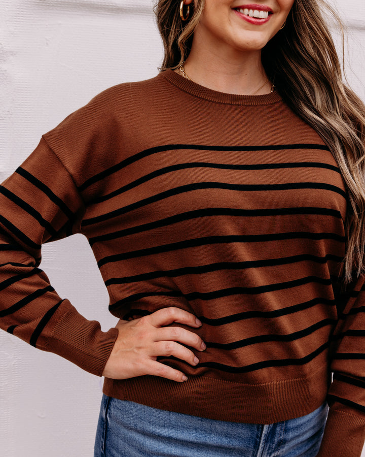 Karen Kane: Stripe Crewneck Sweater in Mocha (3L89348)