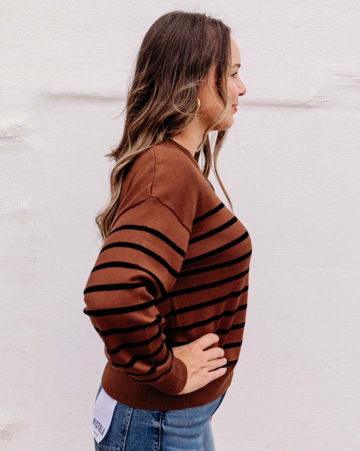 Karen Kane: Stripe Crewneck Sweater in Mocha (3L89348)