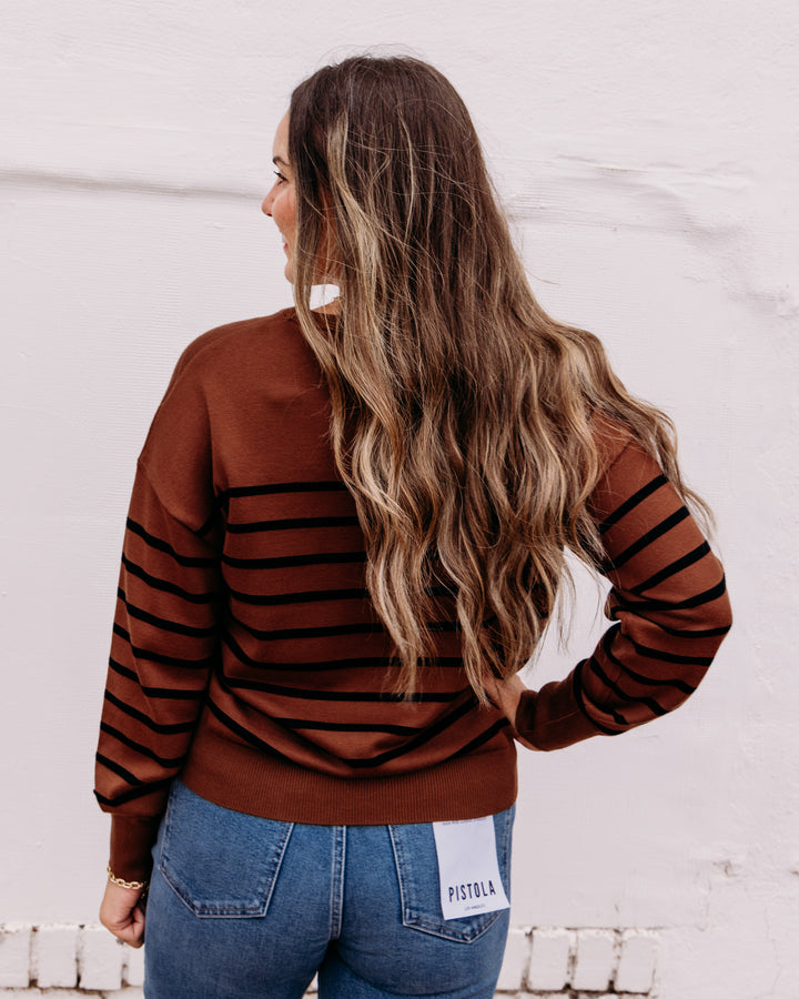 Karen Kane: Stripe Crewneck Sweater in Mocha (3L89348)