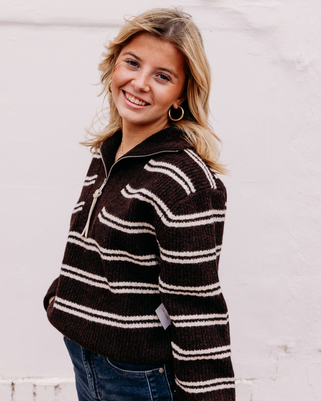 Karen Kane: Stripe Half Zip Sweater in Chocolate W/Cream (3L89409)