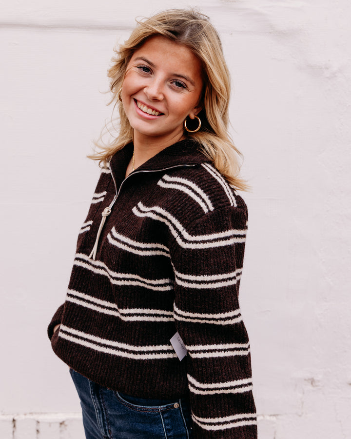 Karen Kane: Stripe Half Zip Sweater in Chocolate W/Cream (3L89409)