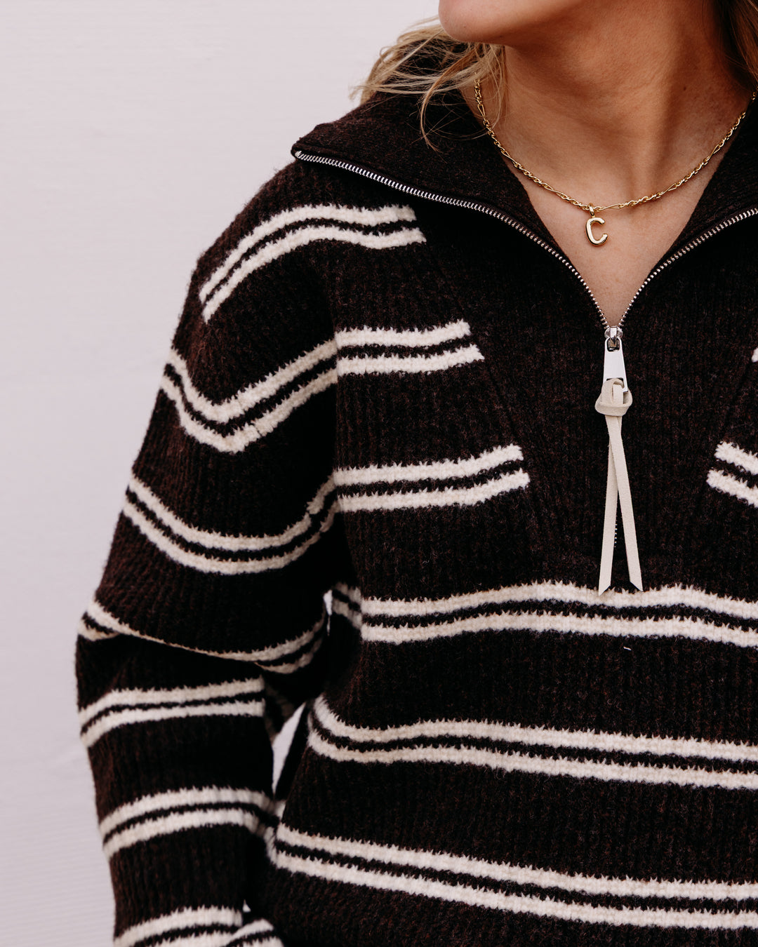 Karen Kane: Stripe Half Zip Sweater in Chocolate W/Cream (3L89409)