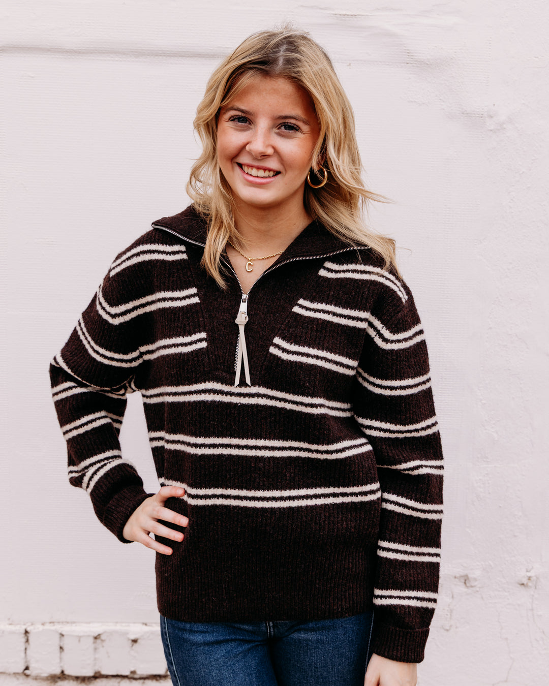 Karen Kane: Stripe Half Zip Sweater in Chocolate W/Cream (3L89409)