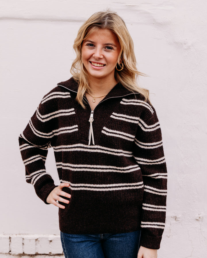Karen Kane: Stripe Half Zip Sweater in Chocolate W/Cream (3L89409)