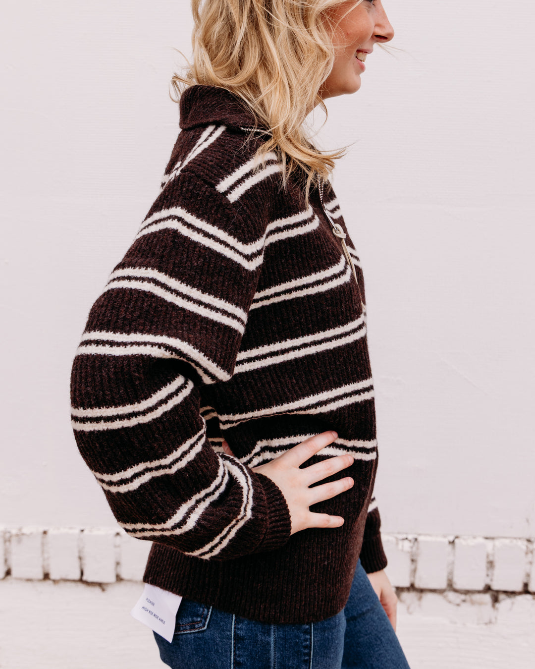 Karen Kane: Stripe Half Zip Sweater in Chocolate W/Cream (3L89409)