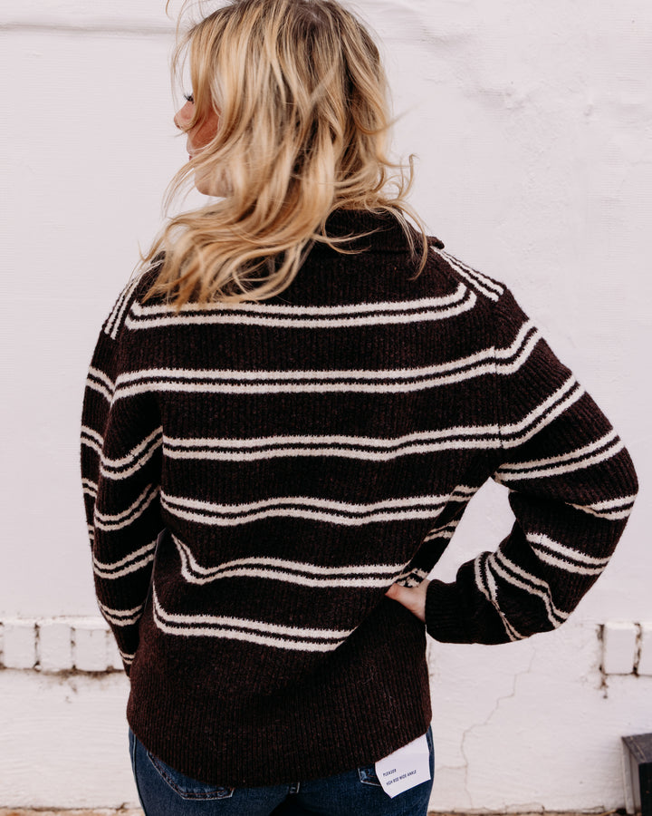 Karen Kane: Stripe Half Zip Sweater in Chocolate W/Cream (3L89409)