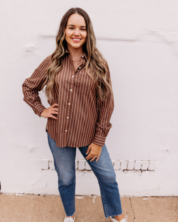 Karen Kane: Stripe Button Up Shirt in Mocha (3L60700)