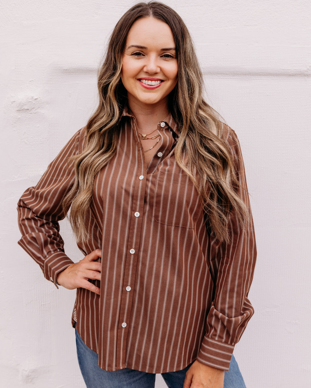 Karen Kane: Stripe Button Up Shirt in Mocha (3L60700)