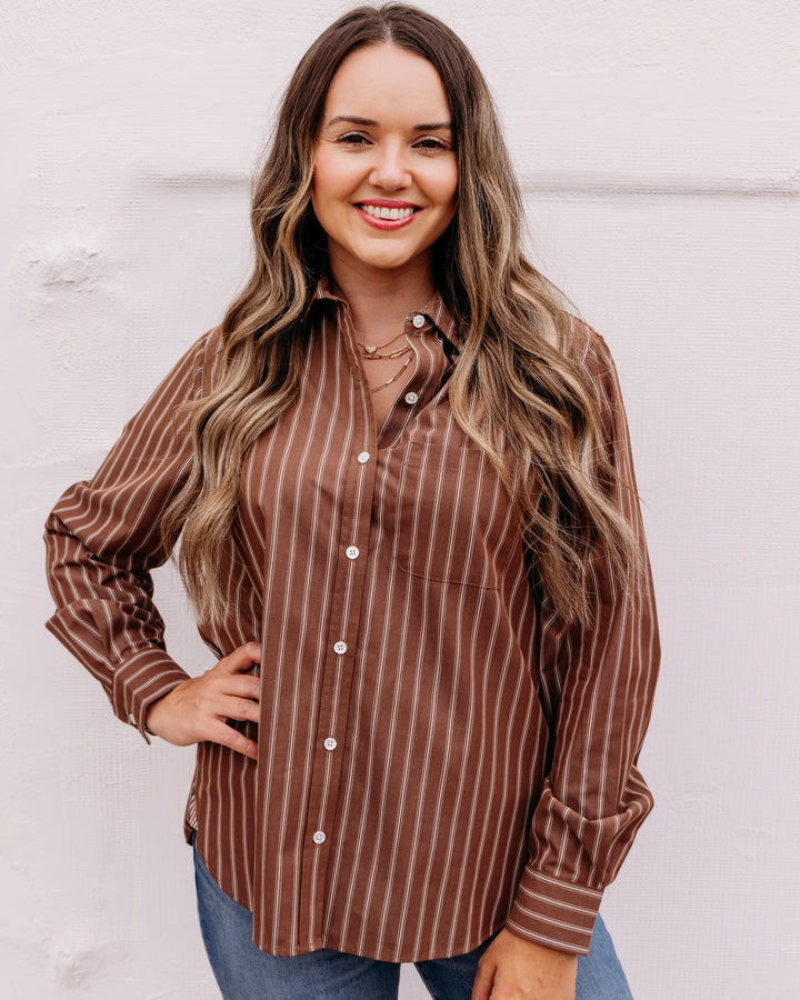 Karen Kane: Stripe Button Up Shirt in Mocha (3L60700)