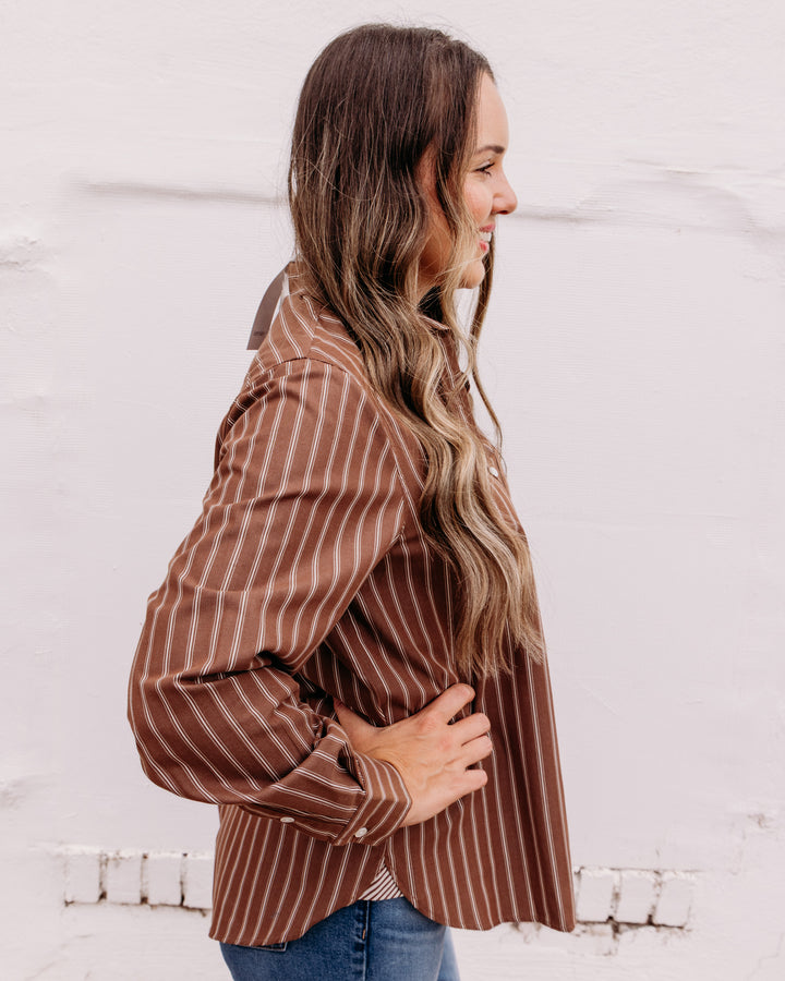 Karen Kane: Stripe Button Up Shirt in Mocha (3L60700)