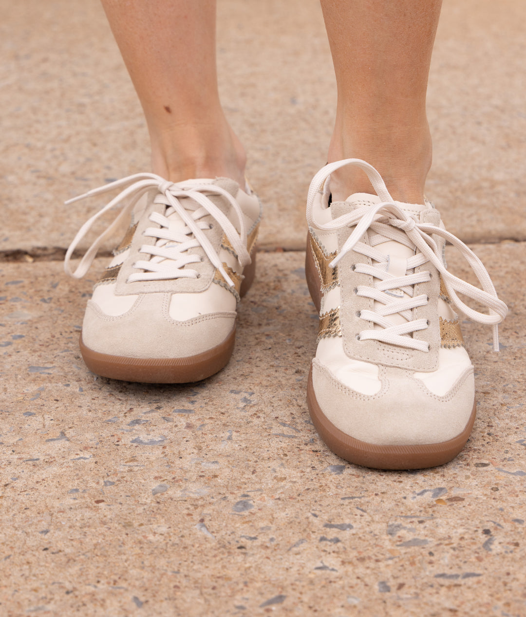Dolce Vita: Merit Tennis Shoes in White/Gold Leather
