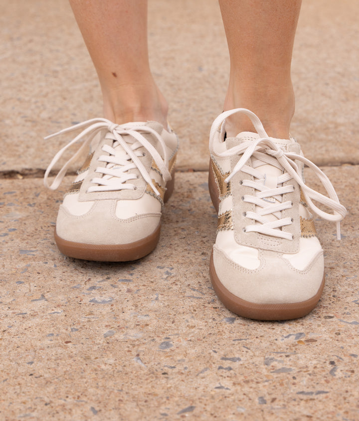 Dolce Vita: Merit Tennis Shoes in White/Gold Leather