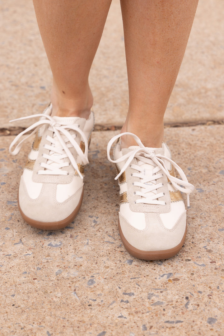 Dolce Vita: Merit Tennis Shoes in White/Gold Leather