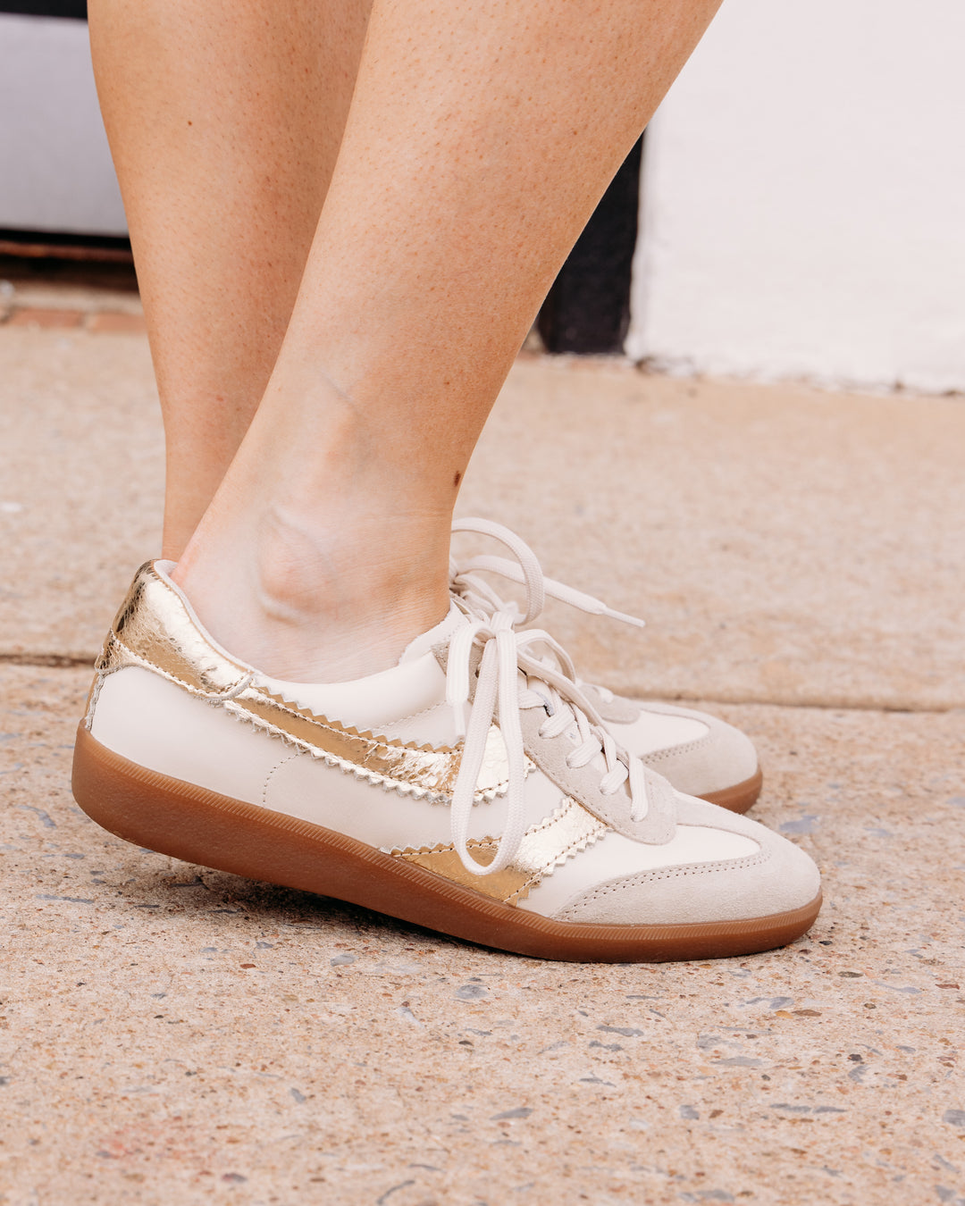 Dolce Vita: Merit Tennis Shoes in White/Gold Leather