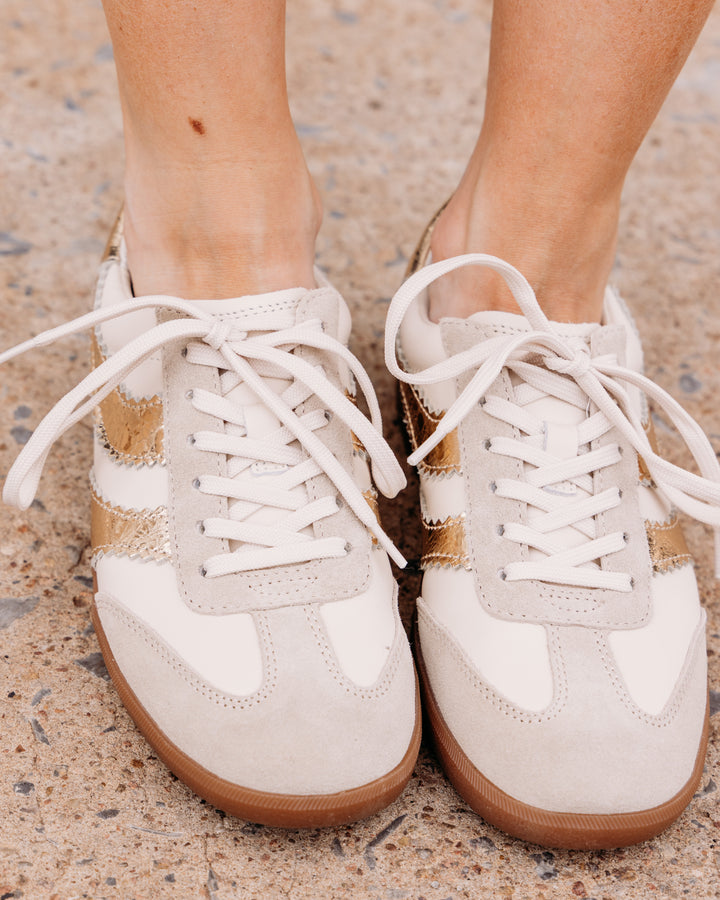 Dolce Vita: Merit Tennis Shoes in White/Gold Leather