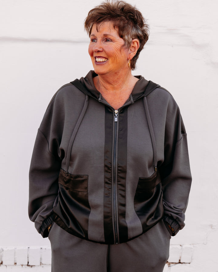 Joseph Ribkoff: Scuba Jersey And Satin Hooded Boxy Jacket in Avocado 263624