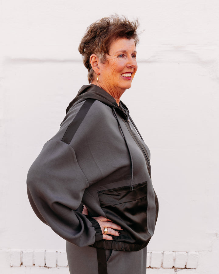Joseph Ribkoff: Scuba Jersey And Satin Hooded Boxy Jacket in Avocado 263624