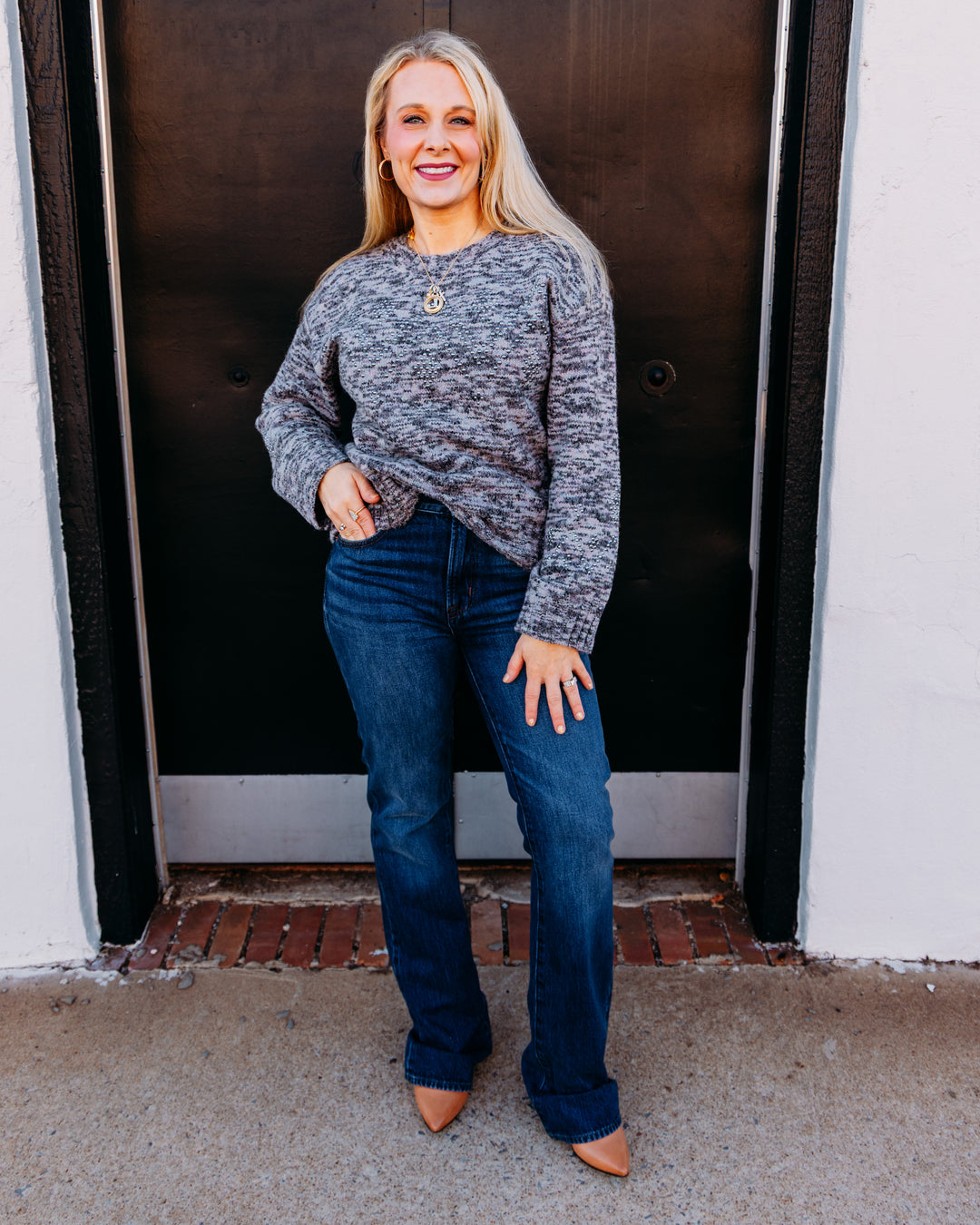 Tribal: Lofty Crew Neck Sweater With Stud in Steel (6346O-5620-3426)