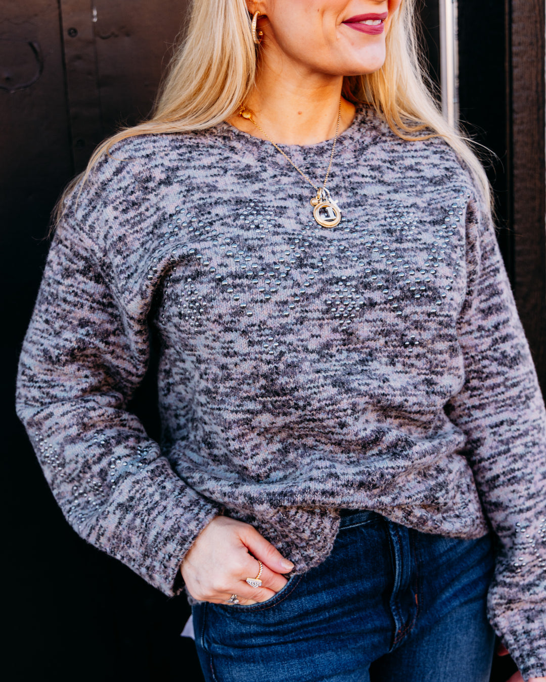 Tribal: Lofty Crew Neck Sweater With Stud in Steel (6346O-5620-3426)