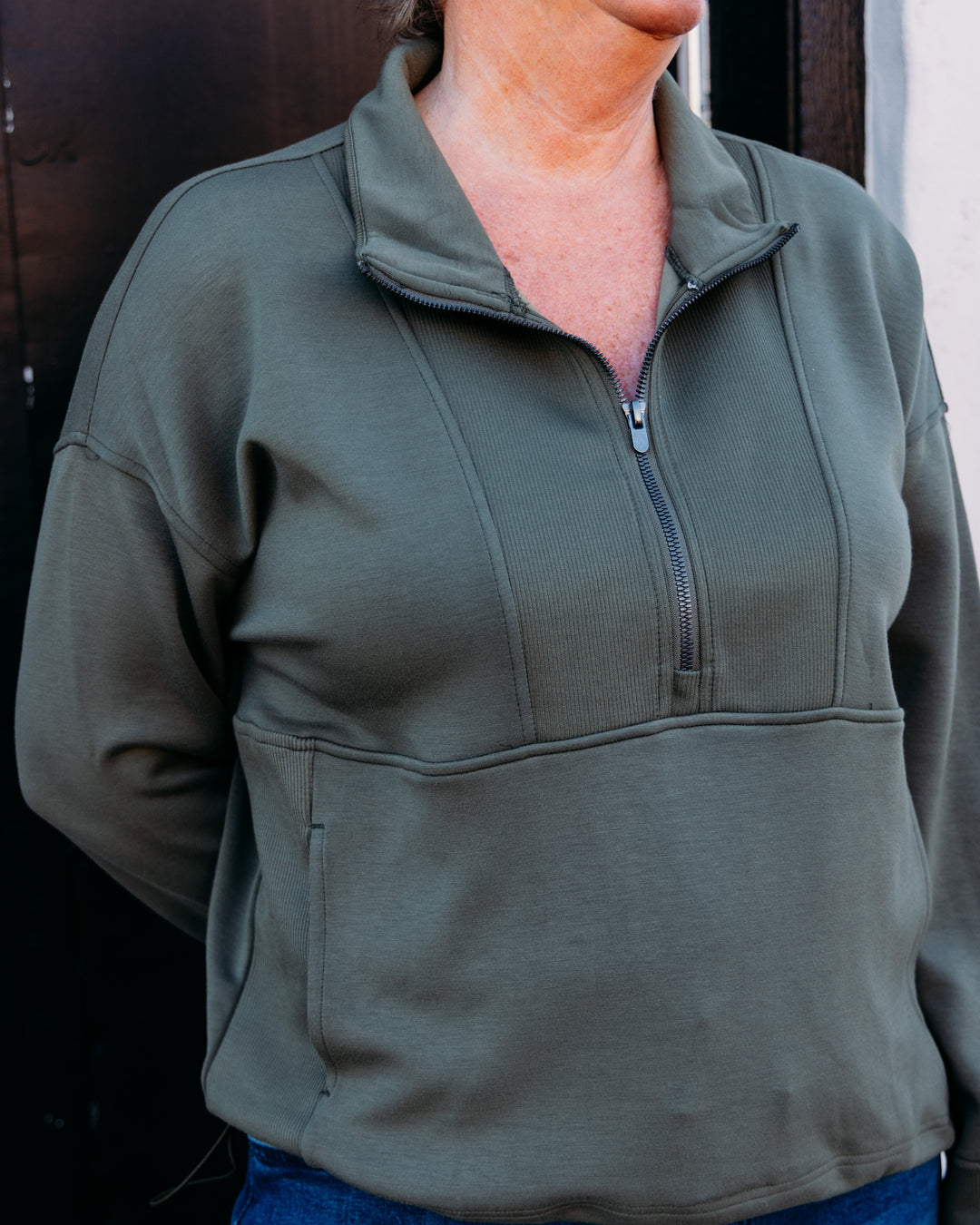 Tribal: Long Sleeve Mock Neck Top with Zipper in Basil (3188O-3390-1218)