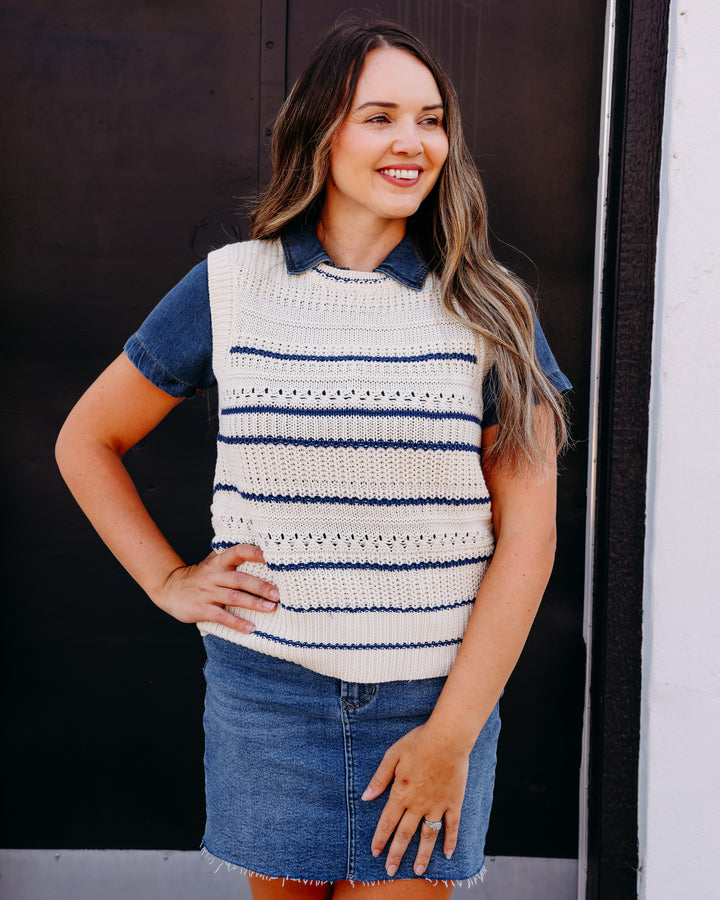 Another Love: Alondra Short Sleeve Sweater in Navy/ Cream