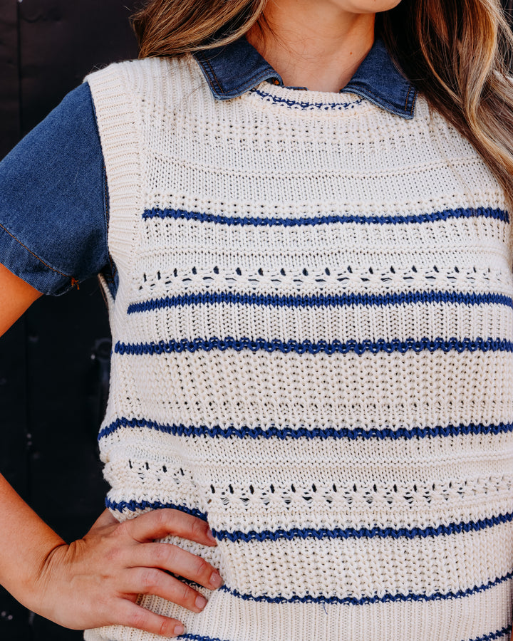 Another Love: Alondra Short Sleeve Sweater in Navy/ Cream