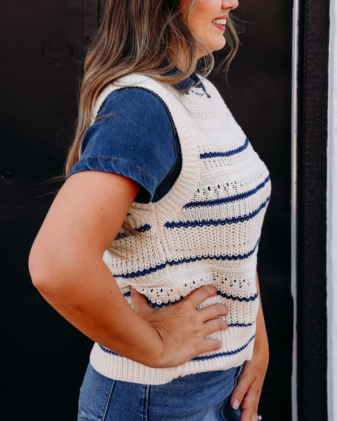 Another Love: Alondra Short Sleeve Sweater in Navy/ Cream