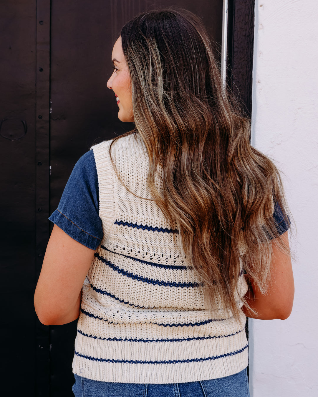 Another Love: Alondra Short Sleeve Sweater in Navy/ Cream