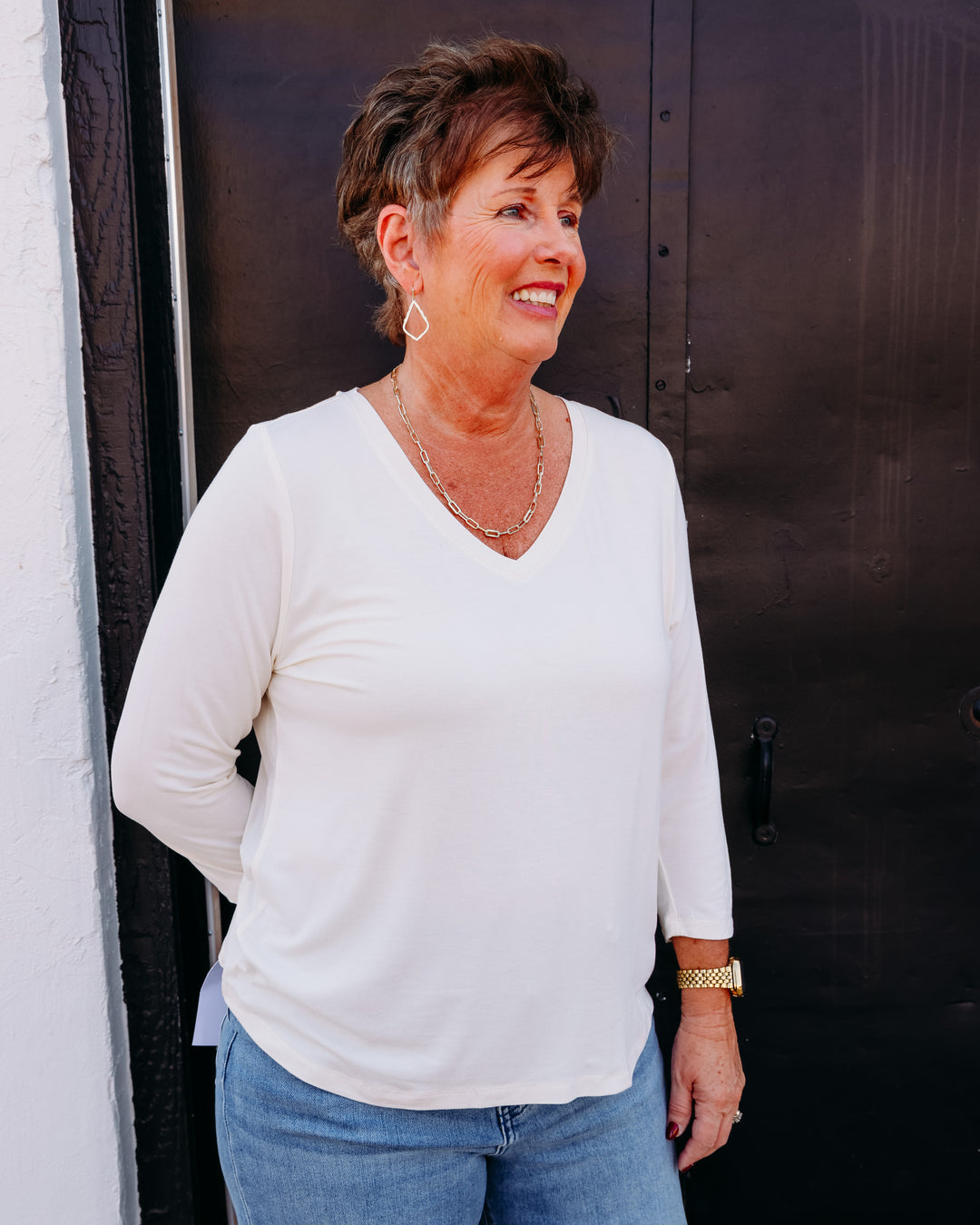 French Dressing Jeans: Cream 3/4 Sleeve V-Neck Top 3318756