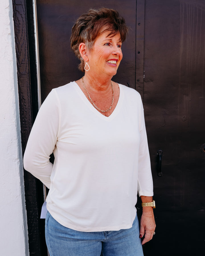 French Dressing Jeans: Cream 3/4 Sleeve V-Neck Top 3318756