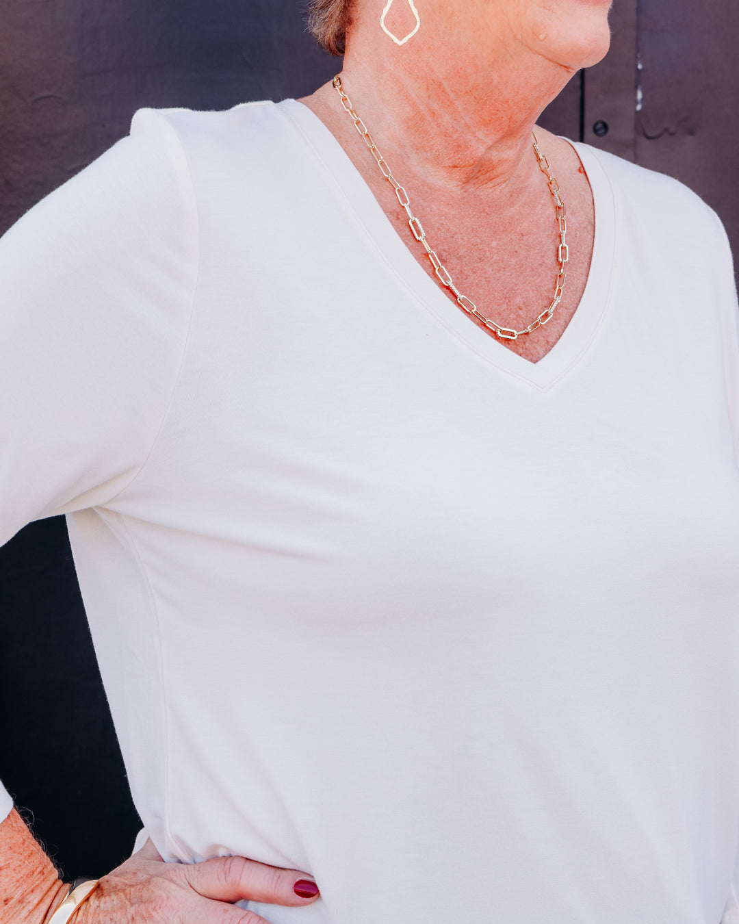 French Dressing Jeans: Cream 3/4 Sleeve V-Neck Top 3318756