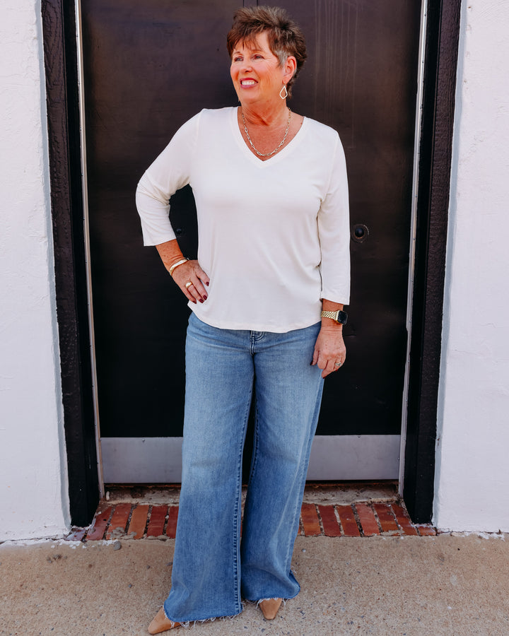 French Dressing Jeans: Cream 3/4 Sleeve V-Neck Top 3318756
