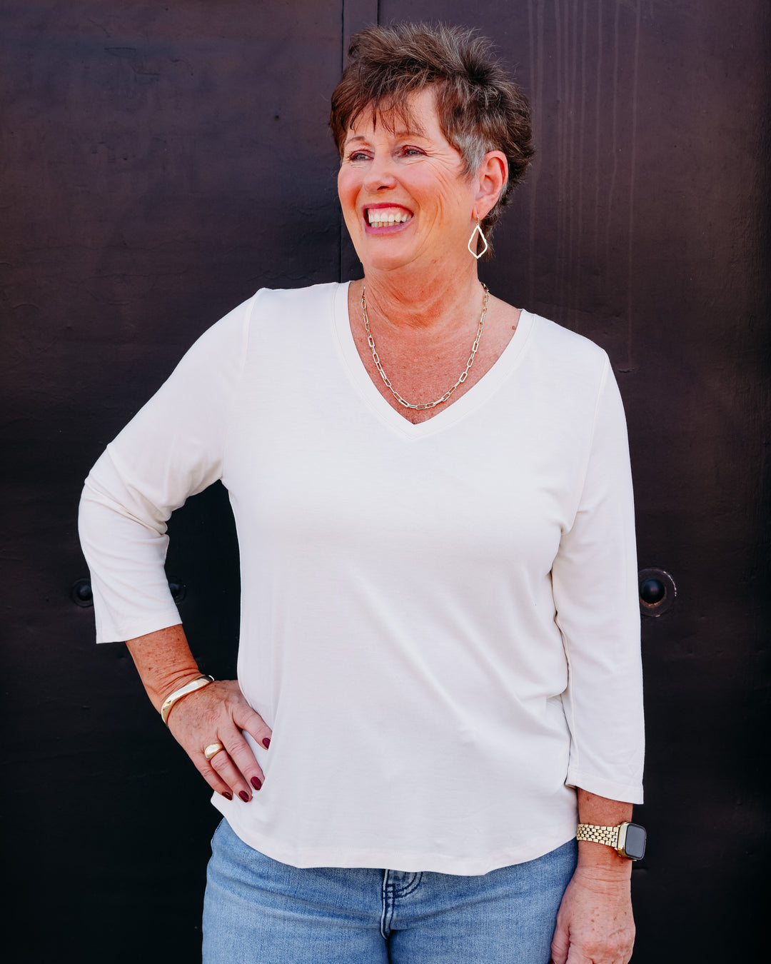 French Dressing Jeans: Cream 3/4 Sleeve V-Neck Top 3318756