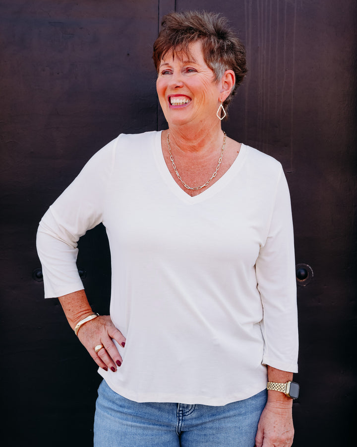 French Dressing Jeans: Cream 3/4 Sleeve V-Neck Top 3318756