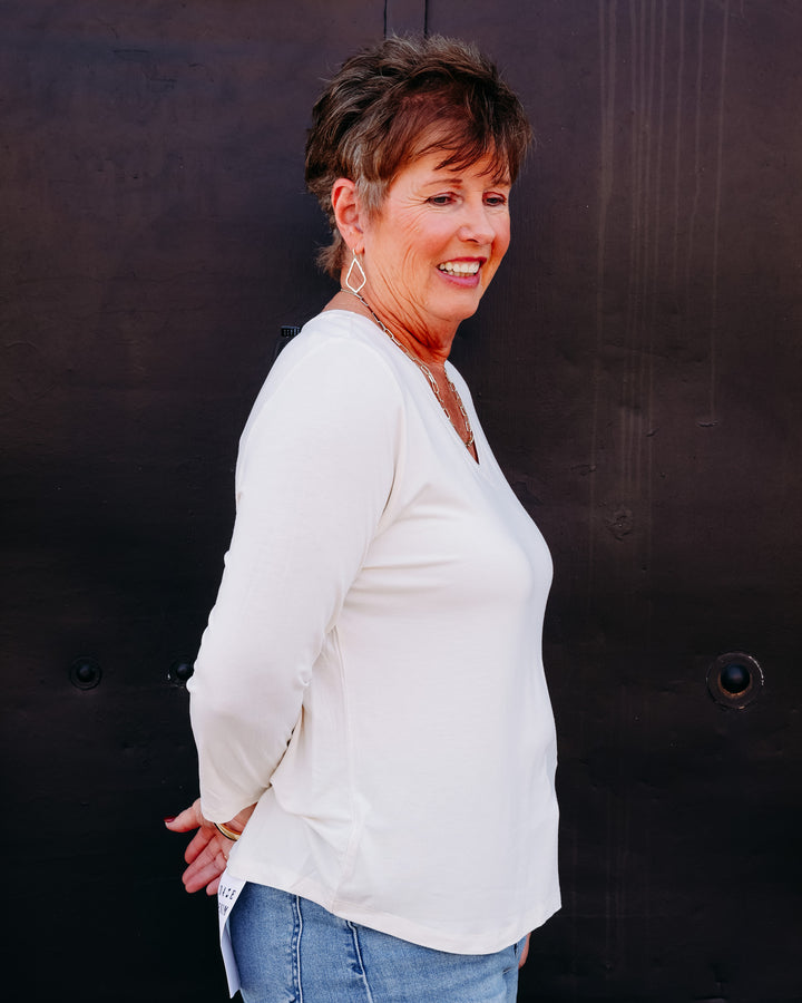 French Dressing Jeans: Cream 3/4 Sleeve V-Neck Top 3318756