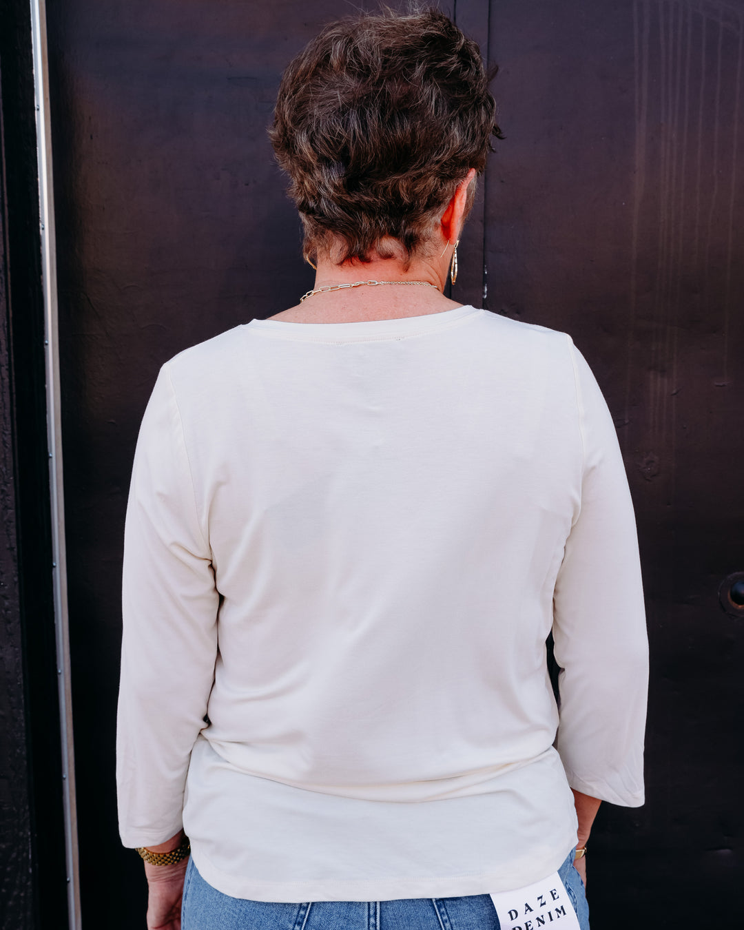 French Dressing Jeans: Cream 3/4 Sleeve V-Neck Top 3318756