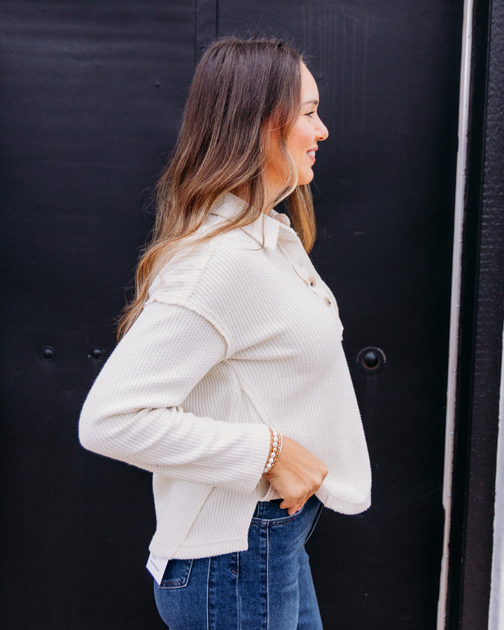 Multiples: Knit Rolled Long Sleeve Top in White (M46606TM)