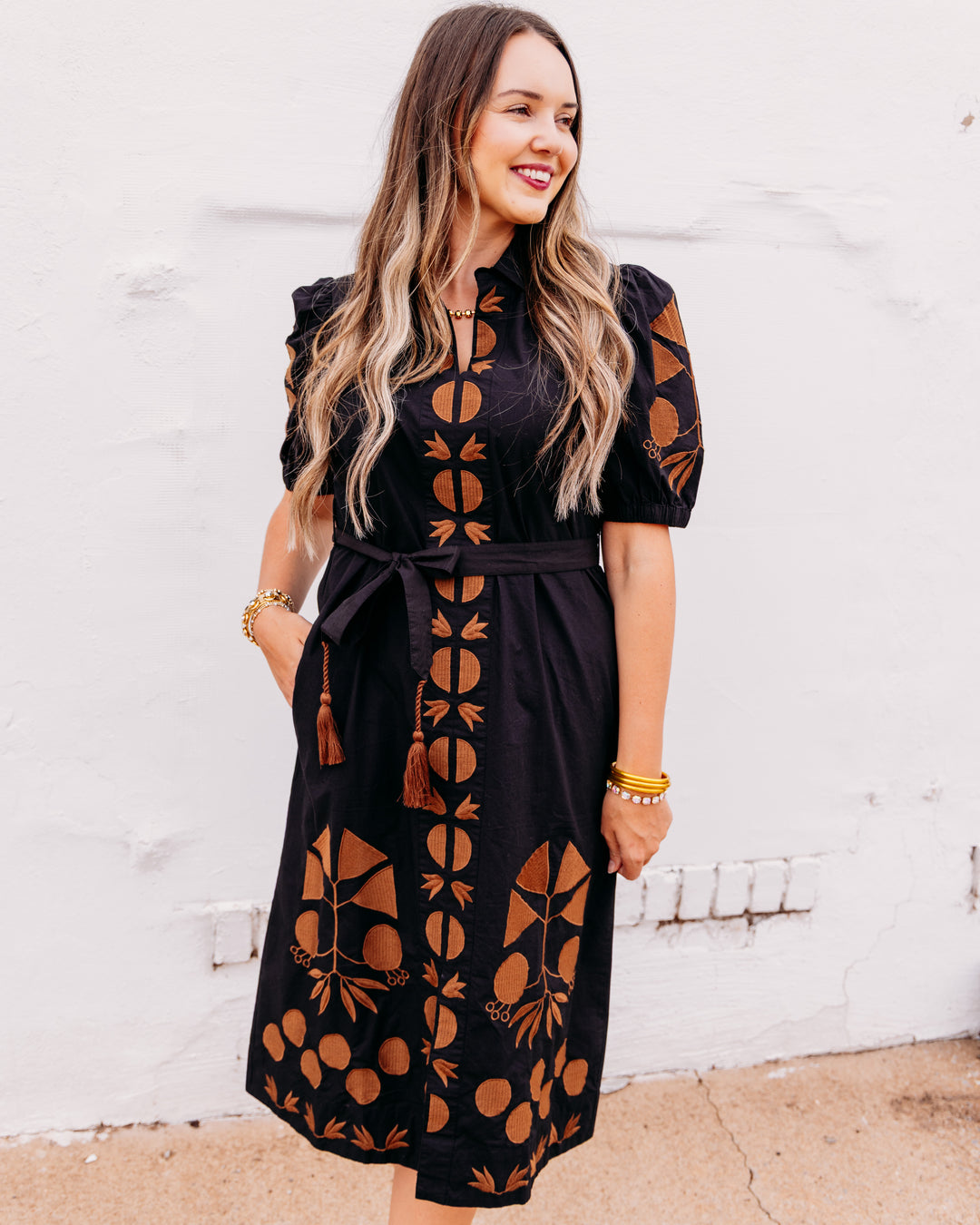 Uncle Frank: Placket Embroidered Dress in Black (73697)
