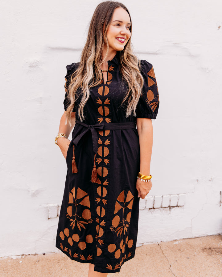 Uncle Frank: Placket Embroidered Dress in Black (73697)