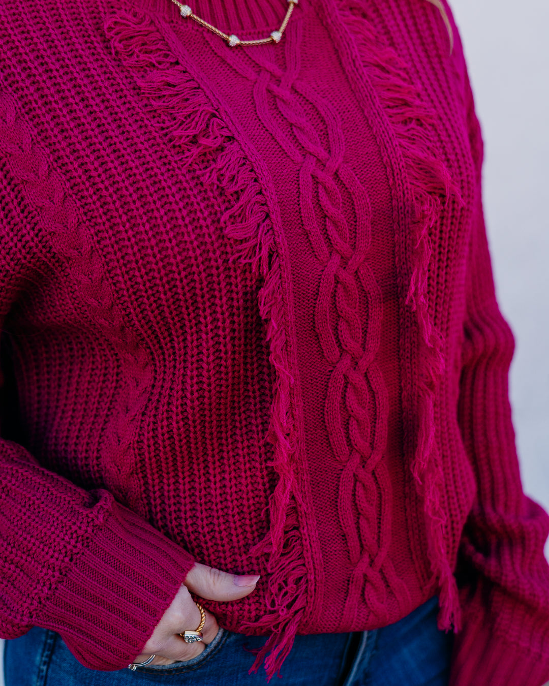 Liverpool: Long Sleeve Mock Neck Sweater with Fringe in Deep Raspberry - The Vogue Boutique