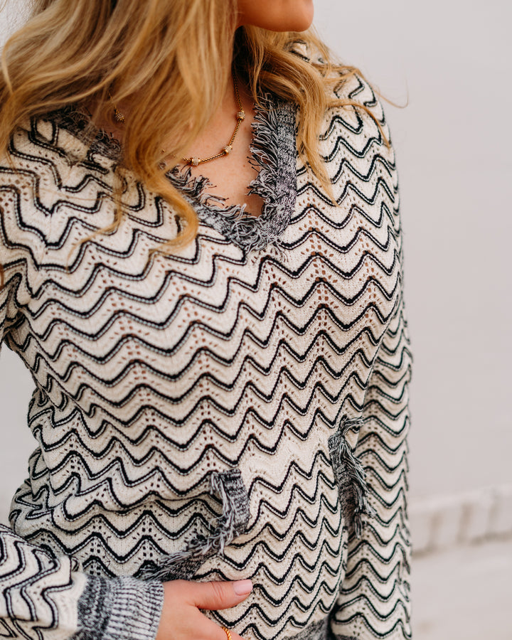 Tribal: Long Sleeve Hooded Sweater W/ Fringe Detail in Charcoal (22760-5143) - The Vogue Boutique