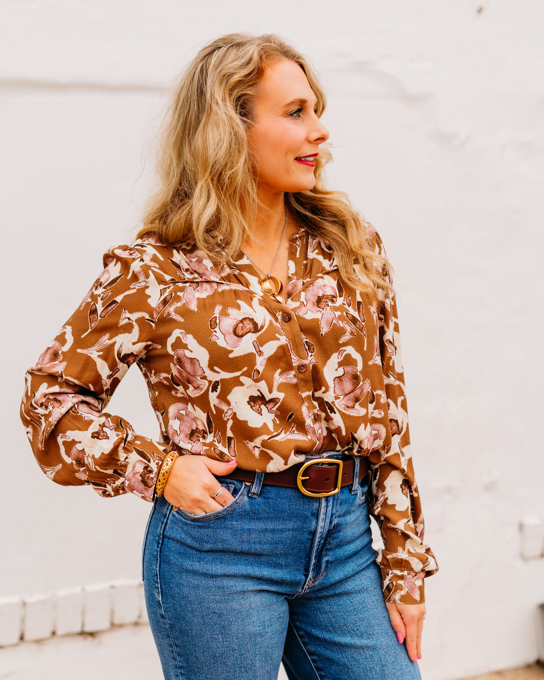 Kut: Isley Long Sleeve Shirt With Neck Ruffles in Mocha and Mauve - The Vogue Boutique