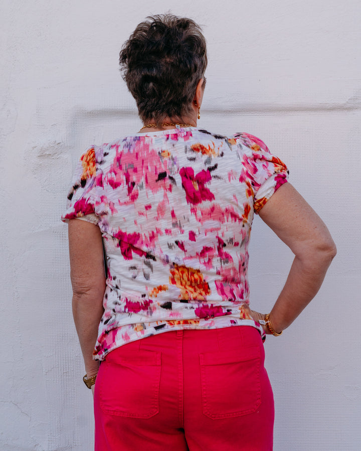 Liverpool: Puff Slv Scoop Neck Knit Top in Pink Multi Flrl - The Vogue Boutique