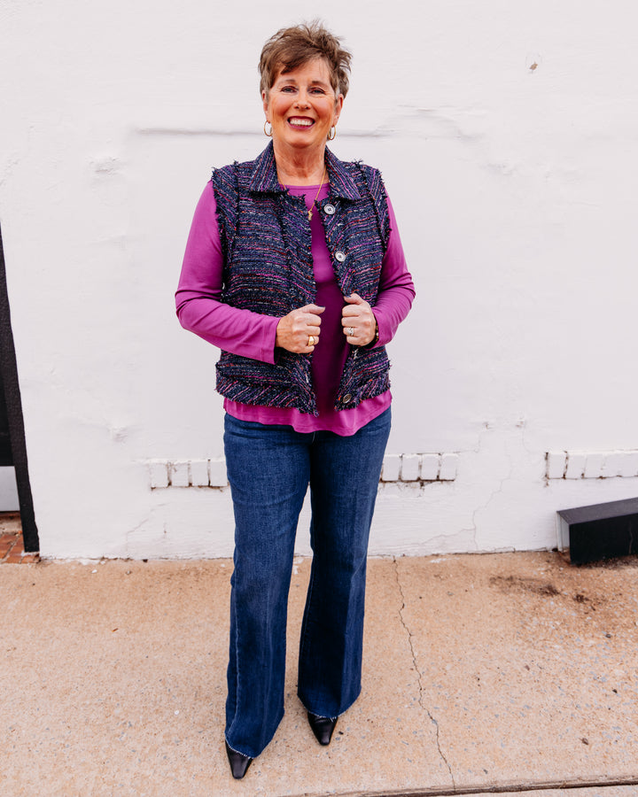 Multiples: Woven Button Front Lined Vest in Multi (M46509VM)