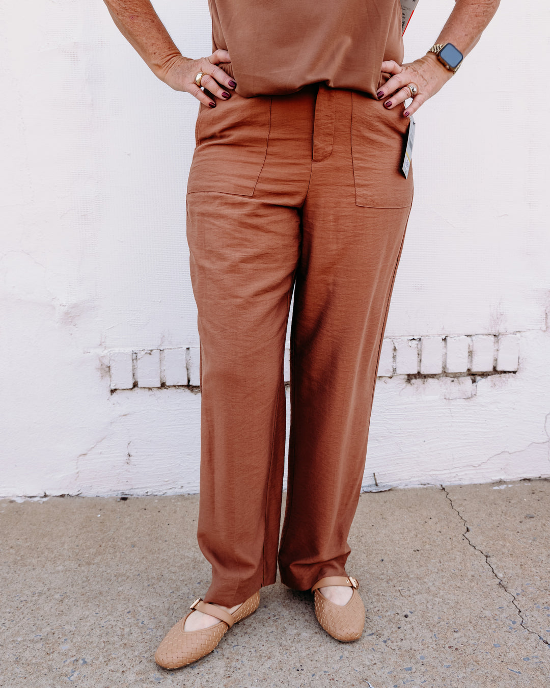 Multiples: Zip and Button Front Elastic Back Woven Ankle Pant with Real Front Pockets in Cocoa (M36512PM)