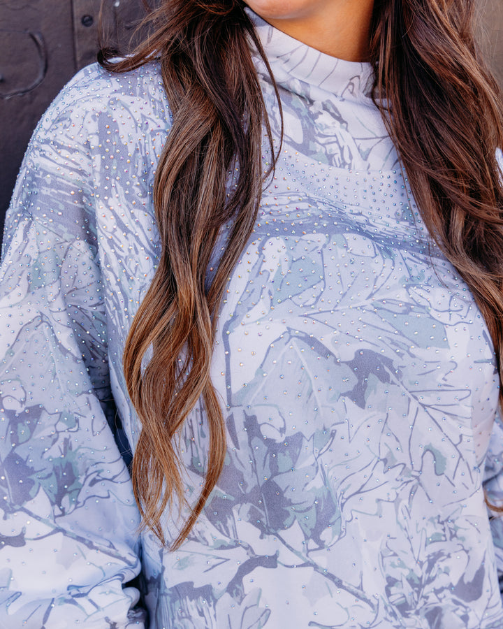 Queen of Sparkles: Grey Rhinestone Forest Camo Mockneck Sweatshirts in Grey